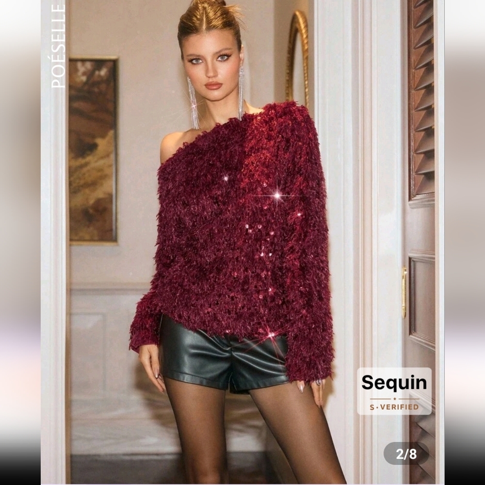 Burgundy Off-Shoulder Shimmer Sweater